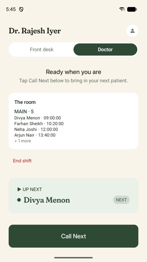 Zevi doctor screen: the patients in the room, who is up next, and a Call Next button