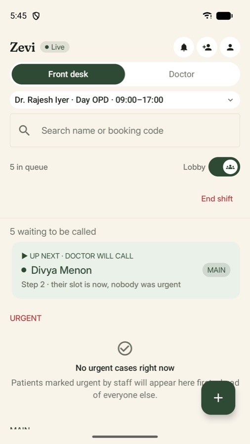 Zevi front desk screen: the live queue for Dr. Rajesh Iyer's Day OPD with the next patient and urgent cases