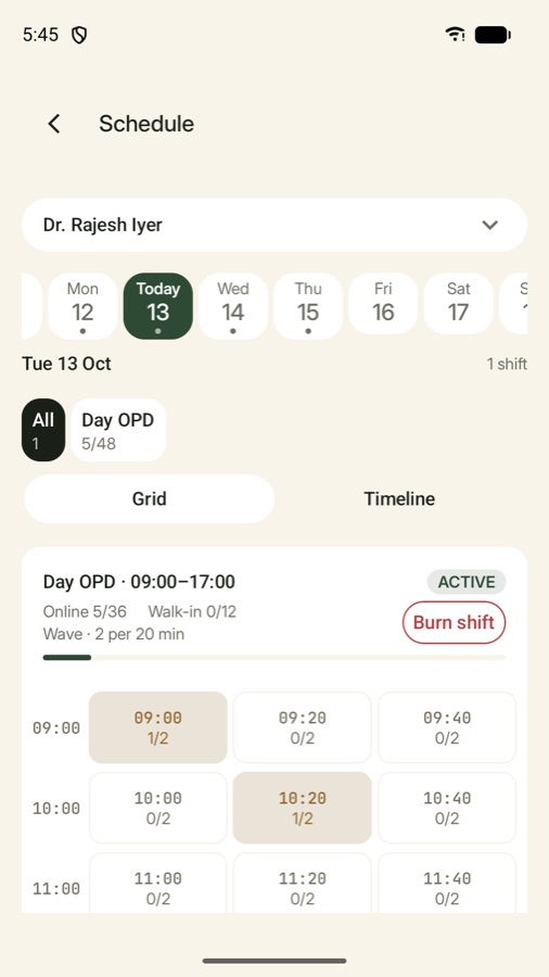 Schedule screen with slots for the day